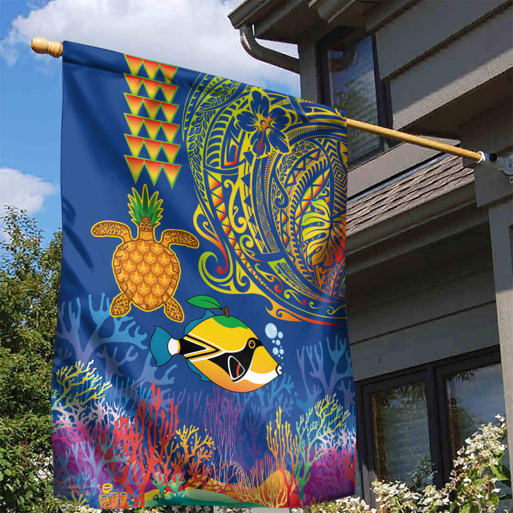 Hawaii Ocean Garden Flag Pineapple Turtle and Mango Reef Triggerfish and Kakau Tattoo LT03 - Polynesian Pride