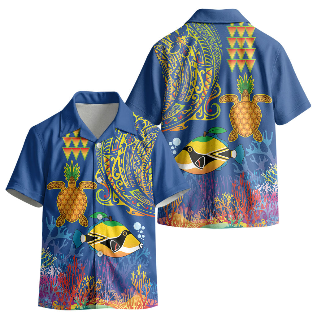 Hawaii Ocean Kid Hawaiian Shirt Pineapple Turtle and Mango Reef Triggerfish and Kakau Tattoo LT03 - Polynesian Pride