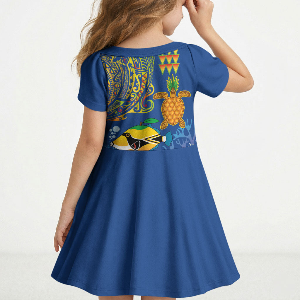 Hawaii Ocean Kid Short Sleeve Dress Pineapple Turtle and Mango Reef Triggerfish and Kakau Tattoo LT03 - Polynesian Pride