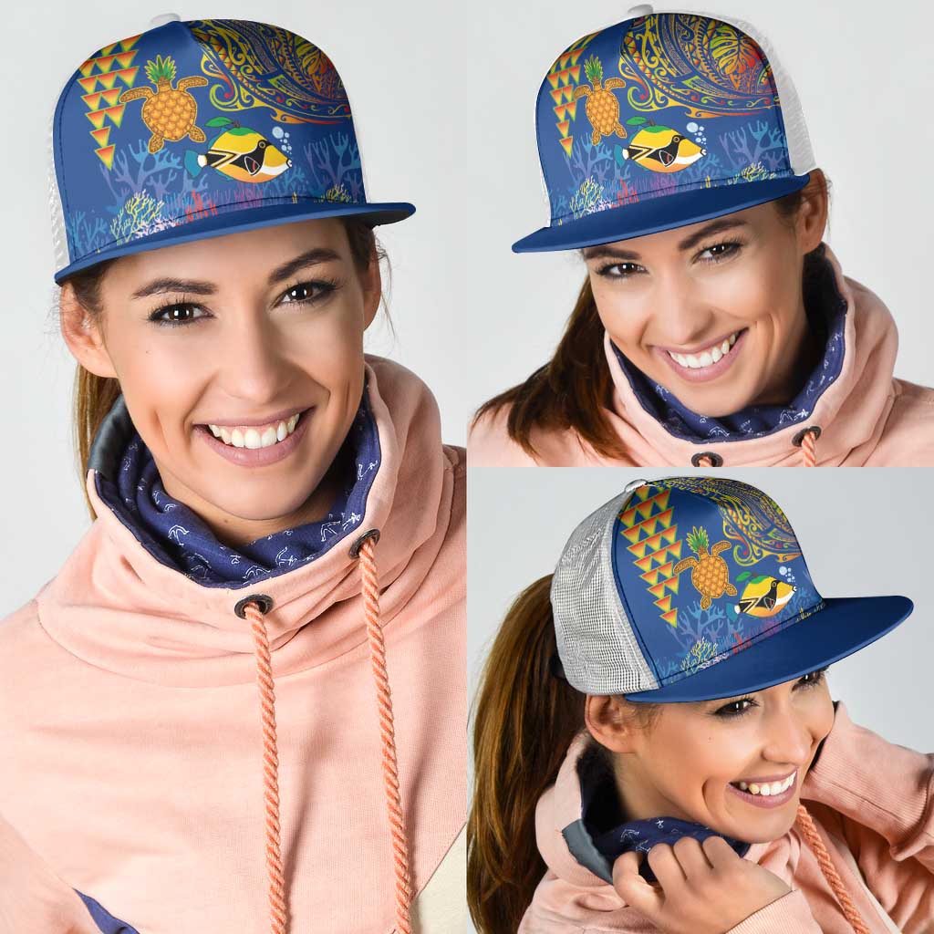 Hawaii Ocean Mesh Trucker Cap Pineapple Turtle and Mango Reef Triggerfish and Kakau Tattoo LT03 - Polynesian Pride