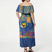Hawaii Ocean Off Shoulder Maxi Dress Pineapple Turtle and Mango Reef Triggerfish and Kakau Tattoo LT03 - Polynesian Pride