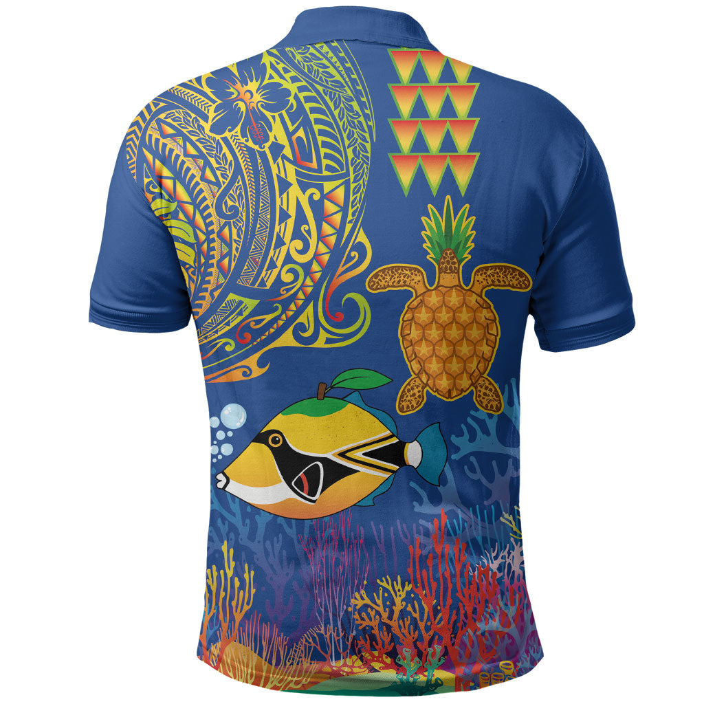 Hawaii Ocean Polo Shirt Pineapple Turtle and Mango Reef Triggerfish and Kakau Tattoo LT03 - Polynesian Pride