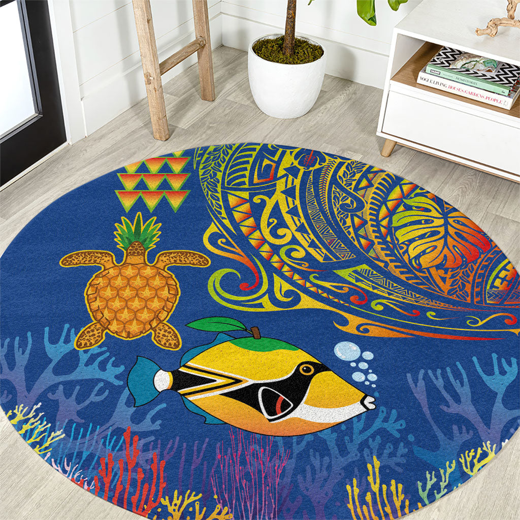 Hawaii Ocean Round Carpet Pineapple Turtle and Mango Reef Triggerfish and Kakau Tattoo