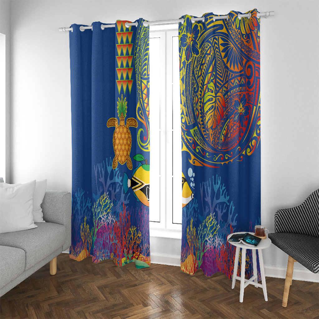 Hawaii Ocean Window Curtain Pineapple Turtle and Mango Reef Triggerfish and Kakau Tattoo LT03 With Grommets Multicolor - Polynesian Pride