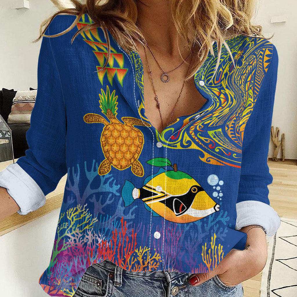 Hawaii Ocean Women Casual Shirt Pineapple Turtle and Mango Reef Triggerfish and Kakau Tattoo