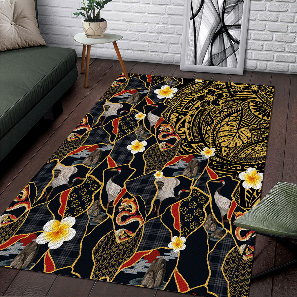 Hawaiian and Japanese Area Rug Polynesian Tattoo with Japanese Culture Kintsugi Style