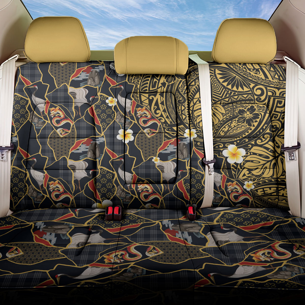 Hawaiian and Japanese Back Car Seat Cover Polynesian Tattoo with Japanese Culture Kintsugi Style