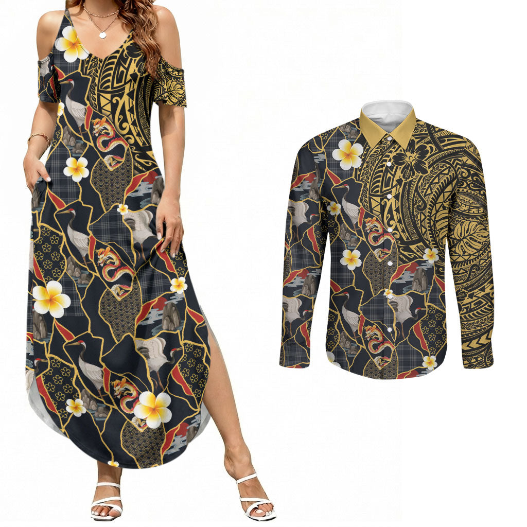Hawaiian and Japanese Couples Matching Summer Maxi Dress and Long Sleeve Button Shirt Polynesian Tattoo with Japanese Culture Kintsugi Style