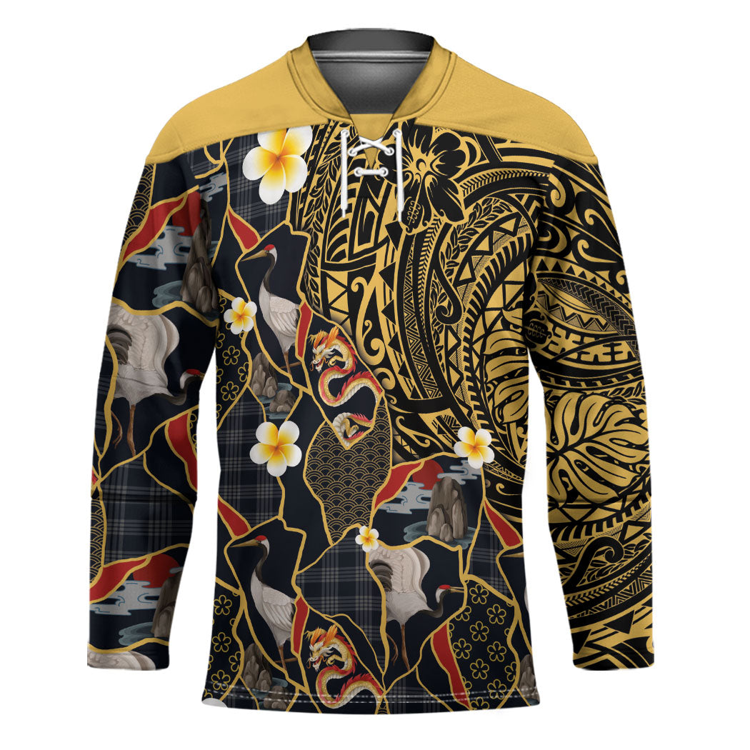 Hawaiian and Japanese Hockey Jersey Polynesian Tattoo with Japanese Culture Kintsugi Style LT03 Unisex Multicolor - Polynesian Pride
