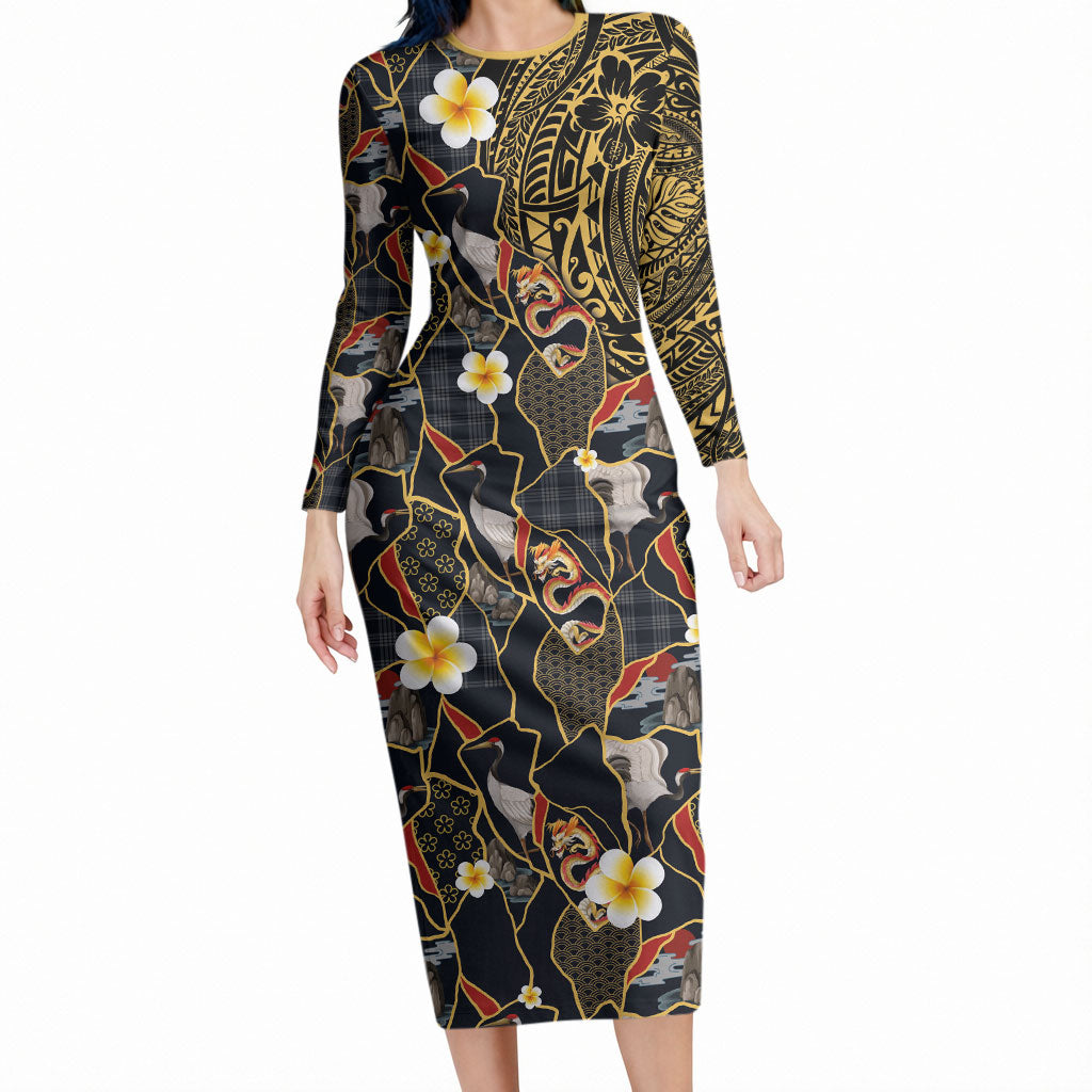 Hawaiian and Japanese Long Sleeve Bodycon Dress Polynesian Tattoo with Japanese Culture Kintsugi Style LT03 Long Dress Multicolor - Polynesian Pride