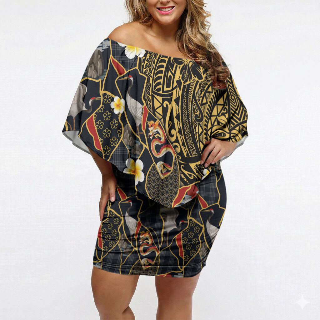Hawaiian and Japanese Off Shoulder Short Dress Polynesian Tattoo with Japanese Culture Kintsugi Style