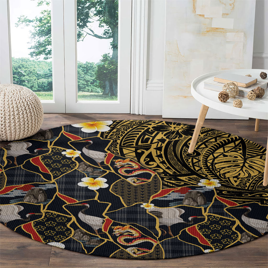 Hawaiian and Japanese Round Carpet Polynesian Tattoo with Japanese Culture Kintsugi Style LT03 - Polynesian Pride