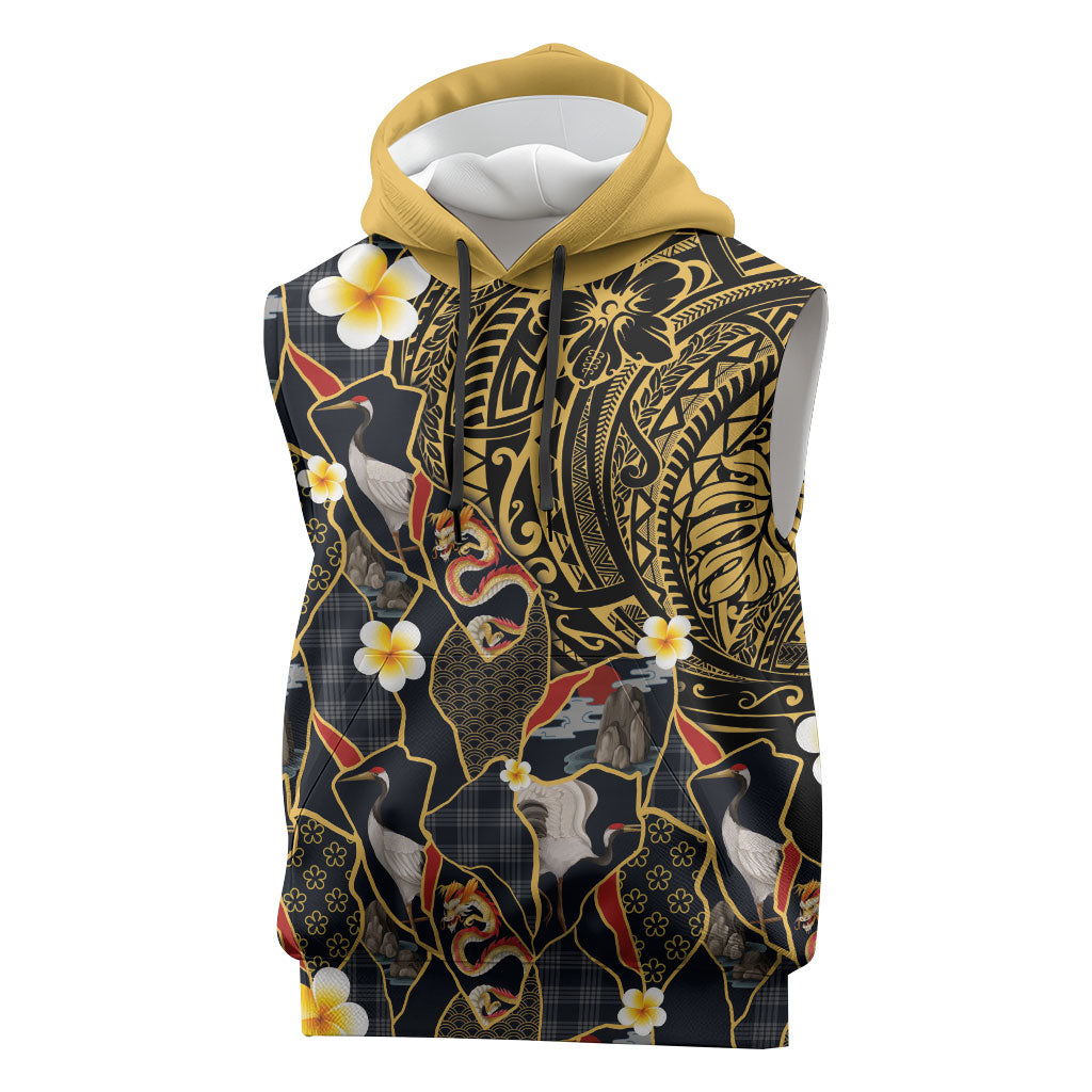 Hawaiian and Japanese Sleeveless Hoodie Polynesian Tattoo with Japanese Culture Kintsugi Style