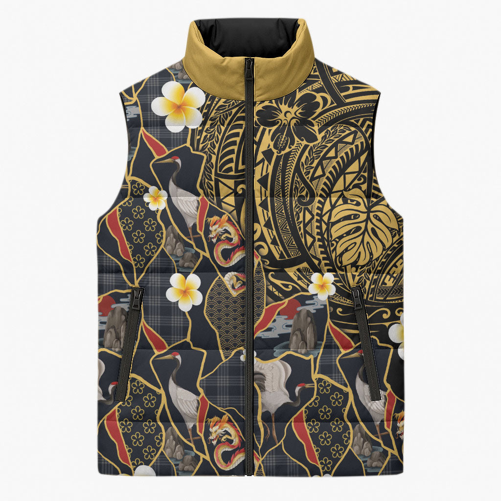 Hawaiian and Japanese Sleeveless Puffer Jacket Polynesian Tattoo with Japanese Culture Kintsugi Style LT03 Unisex Multicolor - Polynesian Pride