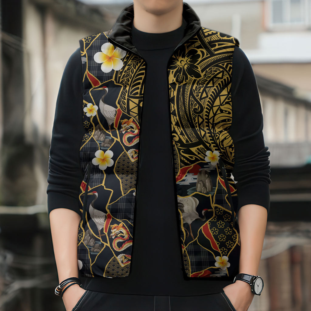 Hawaiian and Japanese Sleeveless Puffer Jacket Polynesian Tattoo with Japanese Culture Kintsugi Style LT03 - Polynesian Pride