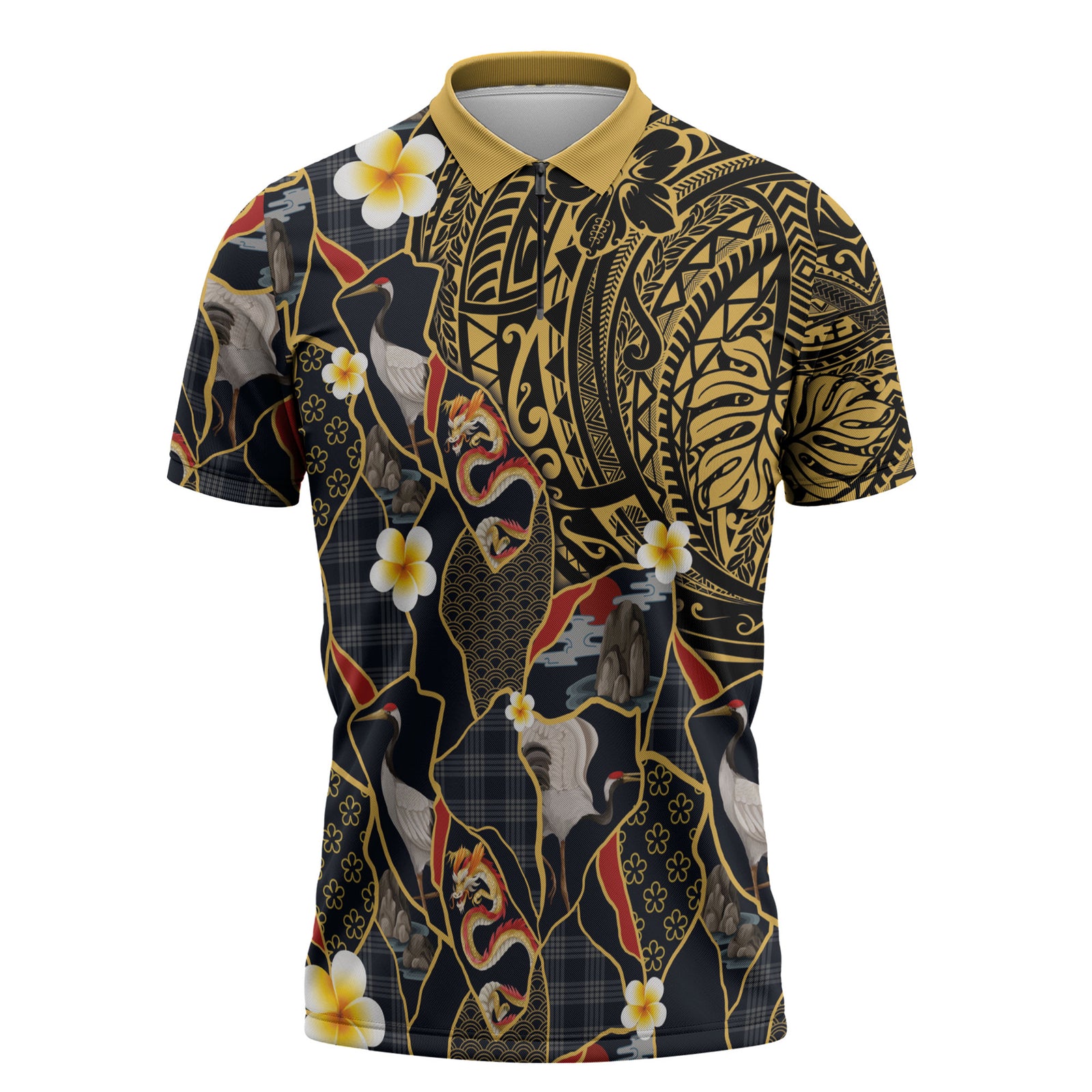 Hawaiian and Japanese Zipper Polo Shirt Polynesian Tattoo with Japanese Culture Kintsugi Style