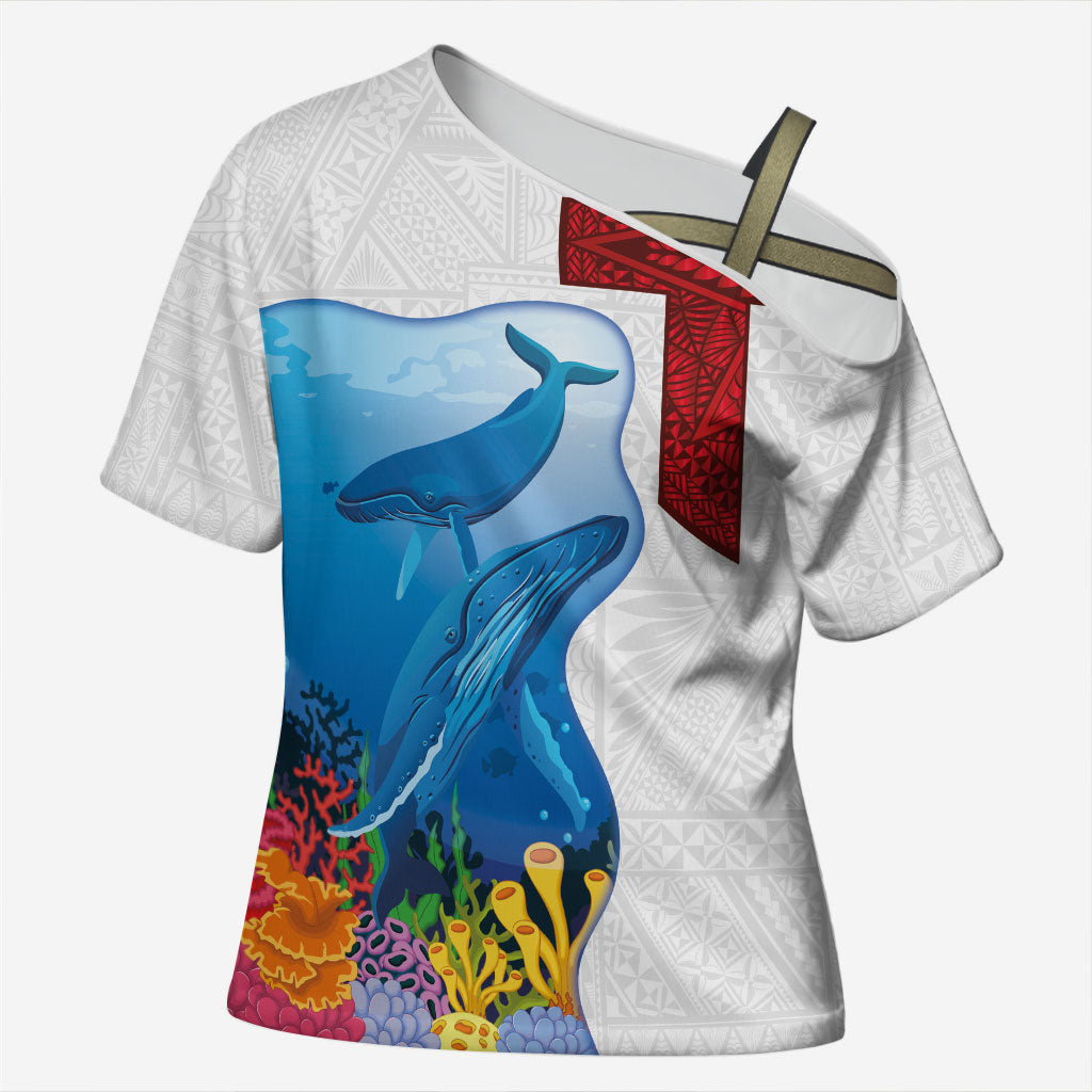 Tonga Swimming with Whales Cross Shoulder Shirt Ngatu Pattern LT03 Female Multicolor - Polynesian Pride