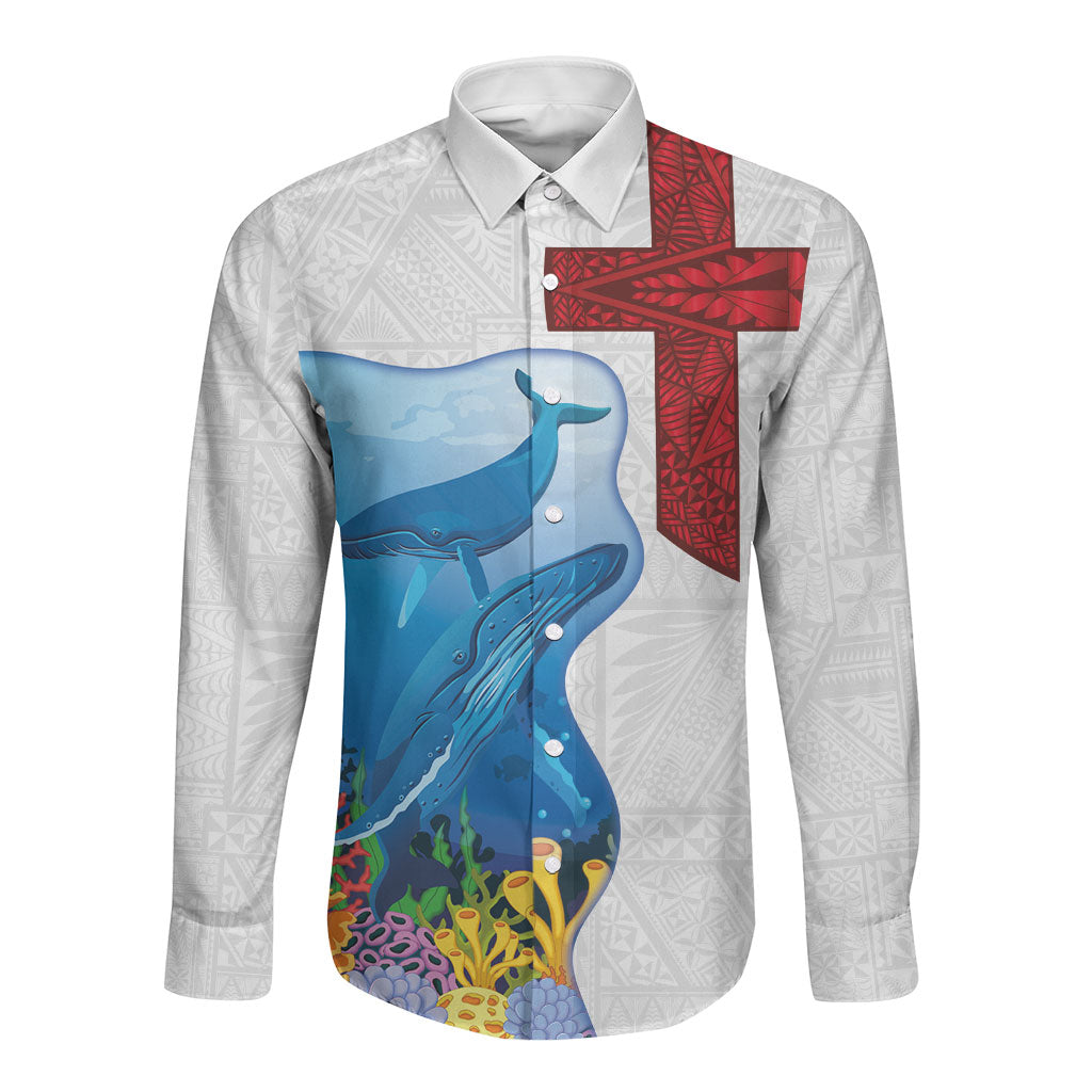 Tonga Swimming with Whales Long Sleeve Button Shirt Ngatu Pattern