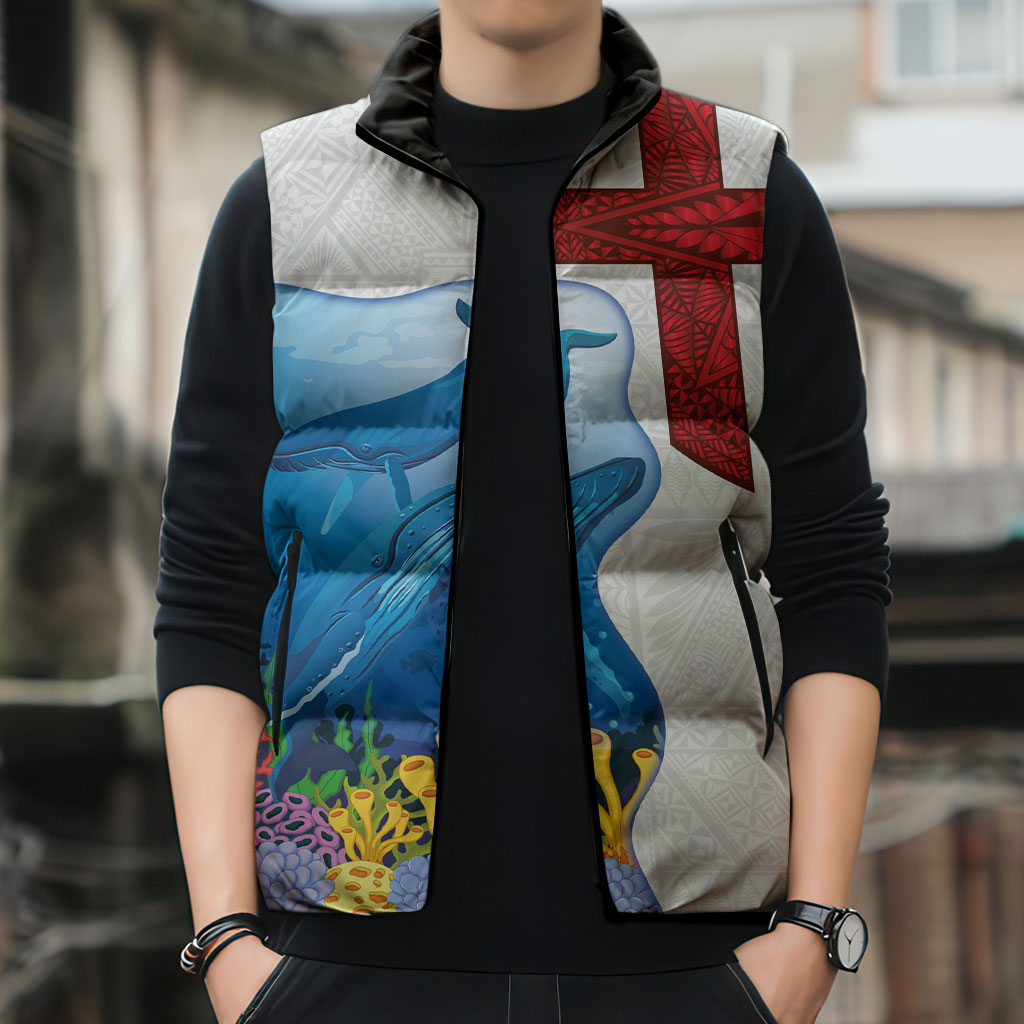 Tonga Swimming with Whales Sleeveless Puffer Jacket Ngatu Pattern LT03 - Polynesian Pride