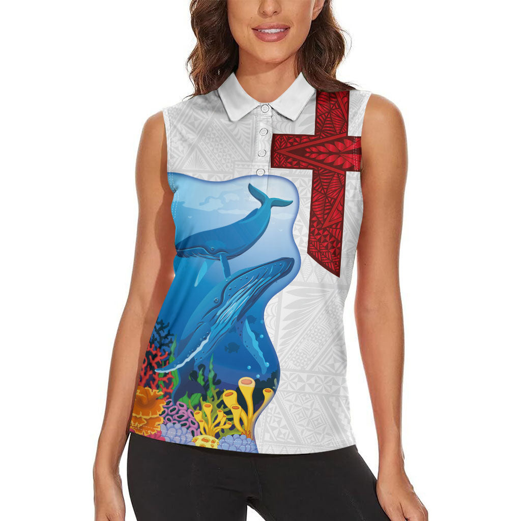 Tonga Swimming with Whales Women Sleeveless Polo Shirt Ngatu Pattern LT03 - Polynesian Pride