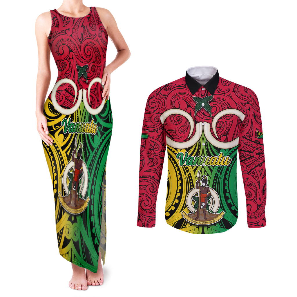 Vanuatu Couples Matching Tank Maxi Dress and Long Sleeve Button Shirts Pig Tusk Mix Maori Pattern and Namele Leaf LT03 Red - Polynesian Pride
