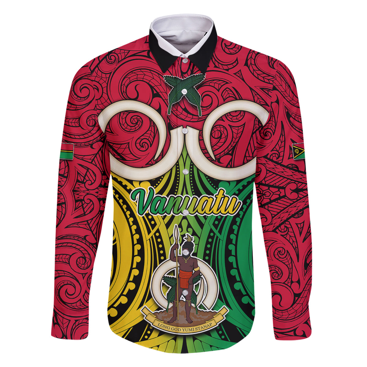 Vanuatu Family Matching Off Shoulder Short Dress and Hawaiian Shirt Pig Tusk Mix Maori Pattern and Namele Leaf LT03 Dad's Shirt - Long Sleeve Red - Polynesian Pride