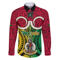 Vanuatu Family Matching Tank Maxi Dress and Hawaiian Shirt Pig Tusk Mix Maori Pattern and Namele Leaf LT03 Dad's Shirt - Long Sleeve Red - Polynesian Pride