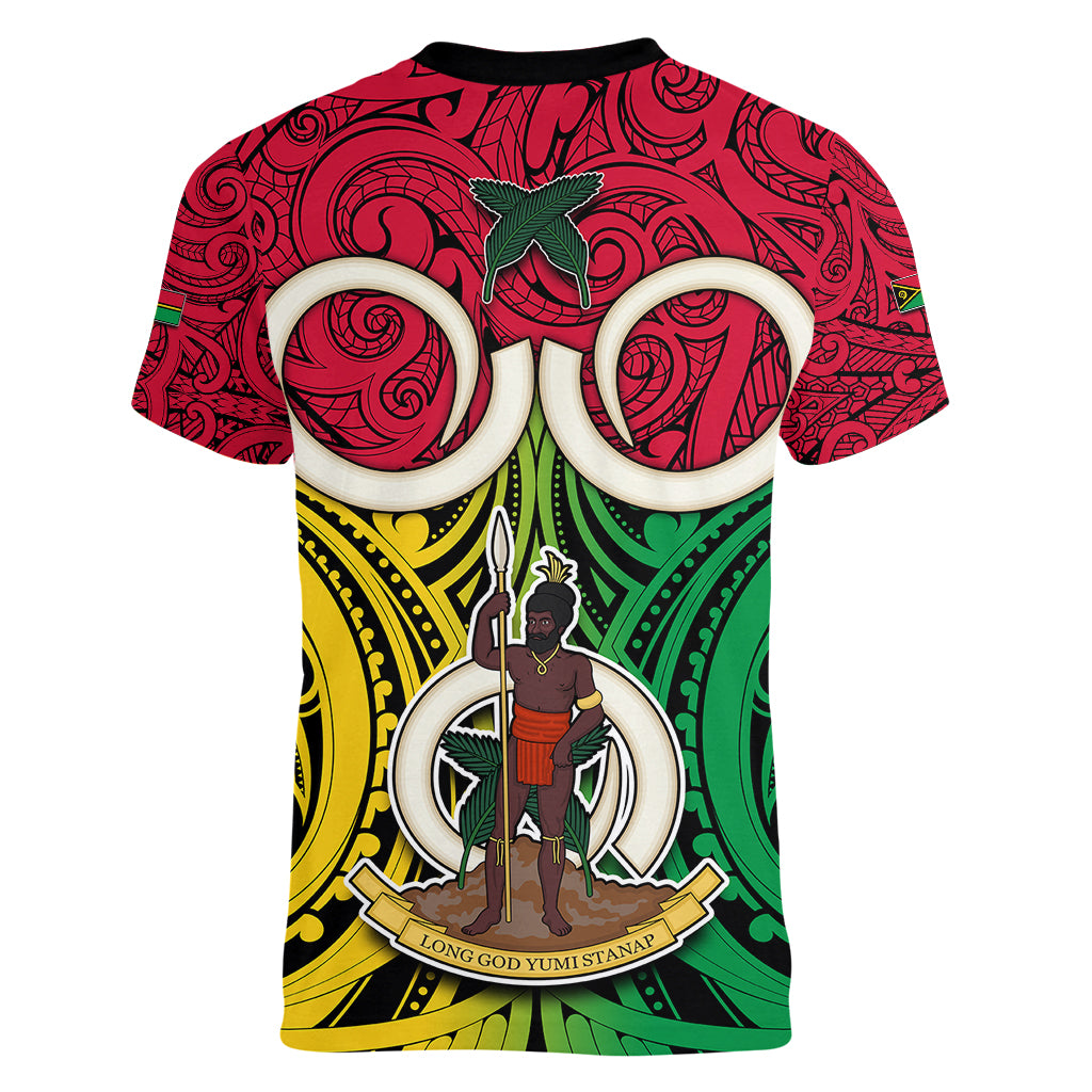 Vanuatu Women V Neck T Shirt Pig Tusk Mix Maori Pattern and Namele Leaf LT03 - Polynesian Pride