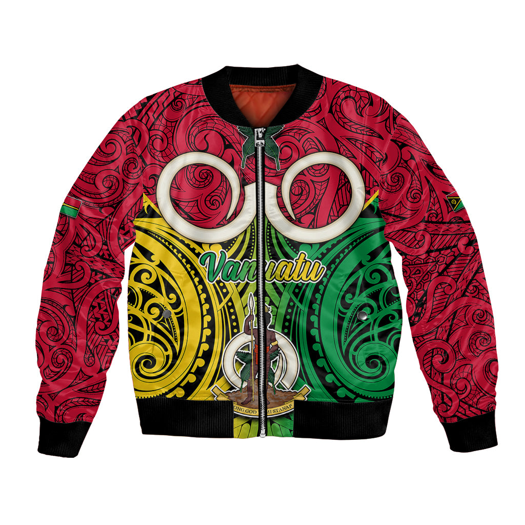 Personalised Vanuatu Bomber Jacket Pig Tusk Mix Maori Pattern and Namele Leaf LT03 Unisex Red - Polynesian Pride