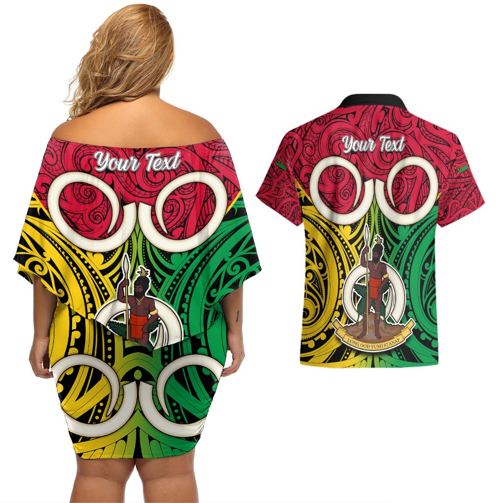Personalised Vanuatu Couples Matching Off Shoulder Short Dress and Hawaiian Shirt Pig Tusk Mix Maori Pattern and Namele Leaf LT03 - Polynesian Pride