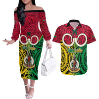 Personalised Vanuatu Couples Matching Off The Shoulder Long Sleeve Dress and Hawaiian Shirt Pig Tusk Mix Maori Pattern and Namele Leaf LT03 Red - Polynesian Pride