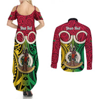 Personalised Vanuatu Couples Matching Summer Maxi Dress and Long Sleeve Button Shirts Pig Tusk Mix Maori Pattern and Namele Leaf LT03 - Polynesian Pride