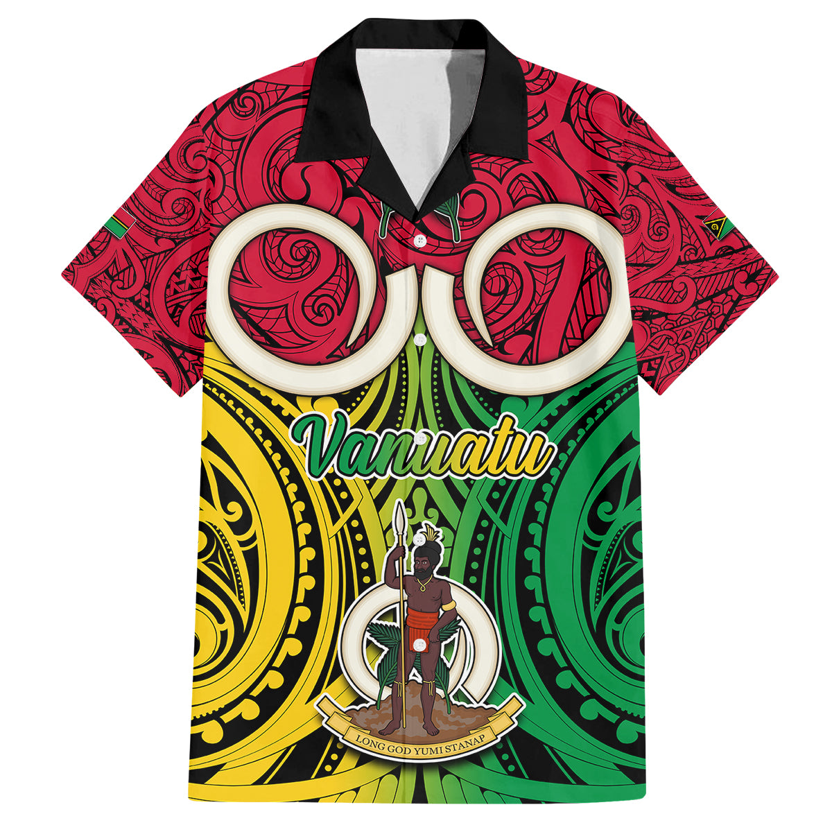 Personalised Vanuatu Family Matching Off Shoulder Short Dress and Hawaiian Shirt Pig Tusk Mix Maori Pattern and Namele Leaf LT03 Dad's Shirt - Short Sleeve Red - Polynesian Pride