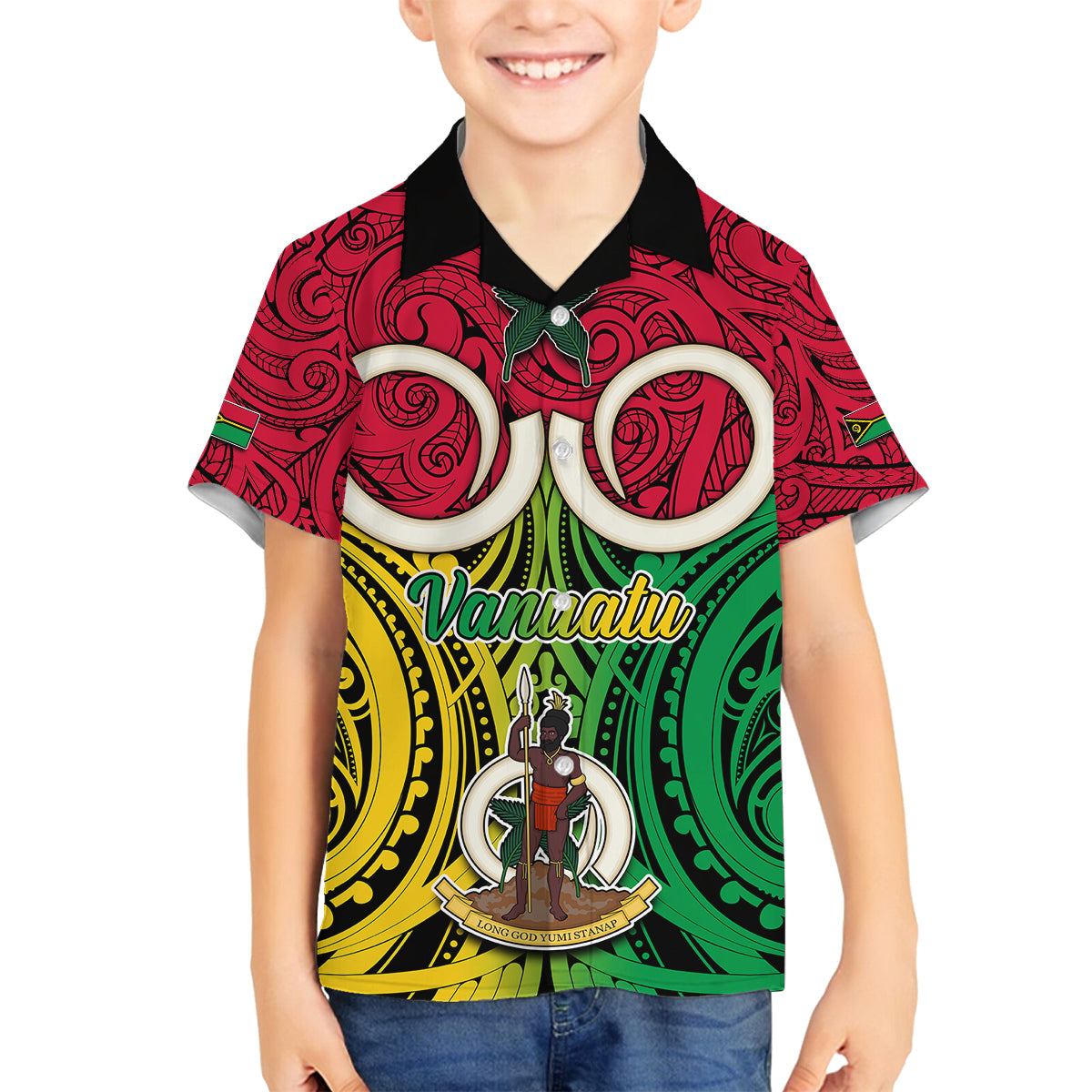 Personalised Vanuatu Family Matching Summer Maxi Dress and Hawaiian Shirt Pig Tusk Mix Maori Pattern and Namele Leaf LT03 Son's Shirt Red - Polynesian Pride