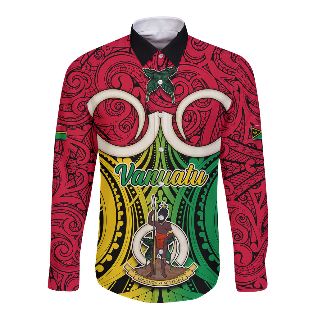 Personalised Vanuatu Long Sleeve Button Shirt Pig Tusk Mix Maori Pattern and Namele Leaf LT03 Unisex Red - Polynesian Pride