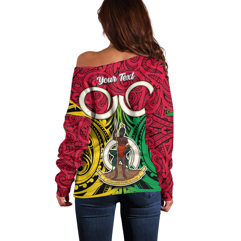 Personalised Vanuatu Off Shoulder Sweater Pig Tusk Mix Maori Pattern and Namele Leaf LT03 - Polynesian Pride