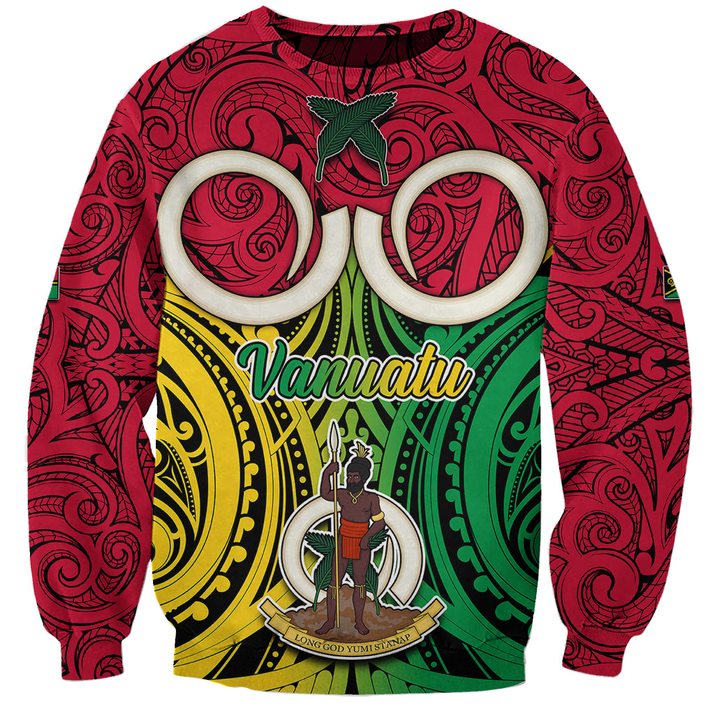 Personalised Vanuatu Sweatshirt Pig Tusk Mix Maori Pattern and Namele Leaf LT03 Unisex Red - Polynesian Pride