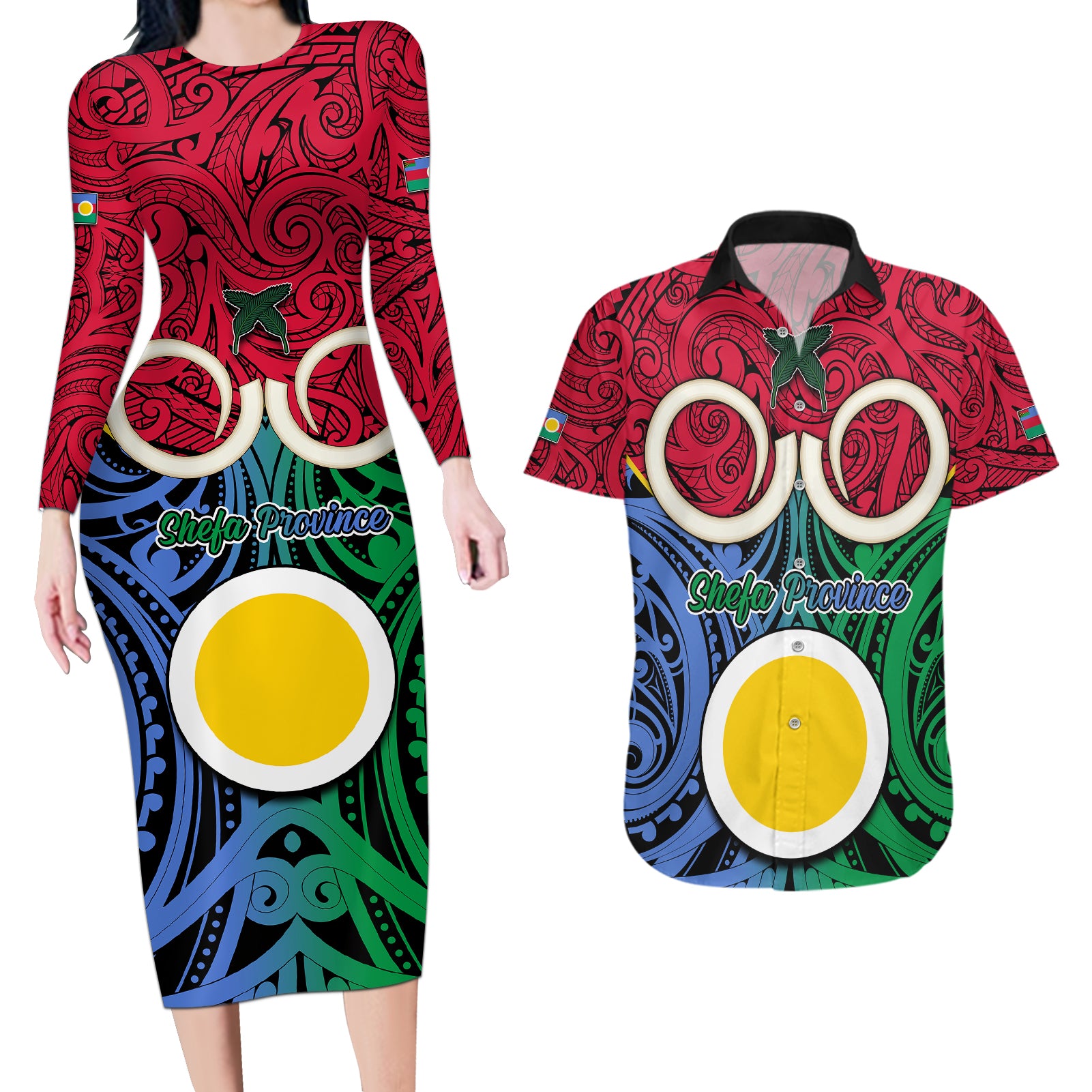 Vanuatu Shefa Province Couples Matching Long Sleeve Bodycon Dress and Hawaiian Shirt Pig Tusk Mix Maori Pattern and Namele Leaf LT03 Red - Polynesian Pride