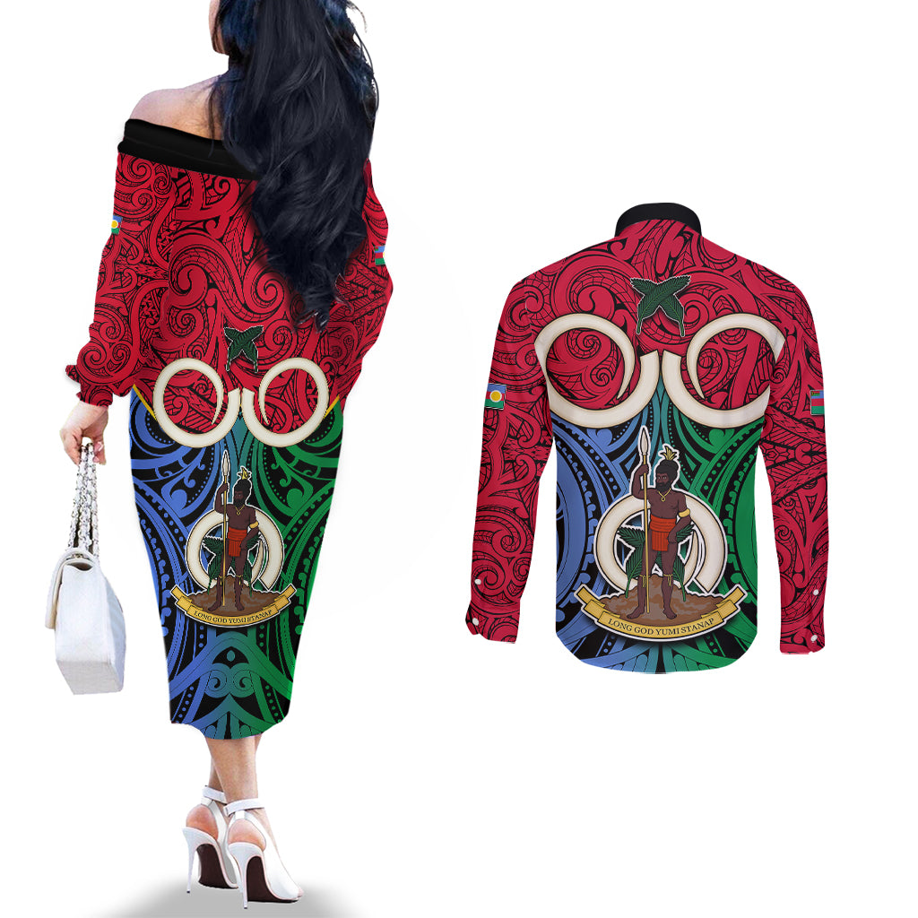 Vanuatu Shefa Province Couples Matching Off The Shoulder Long Sleeve Dress and Long Sleeve Button Shirts Pig Tusk Mix Maori Pattern and Namele Leaf LT03 - Polynesian Pride