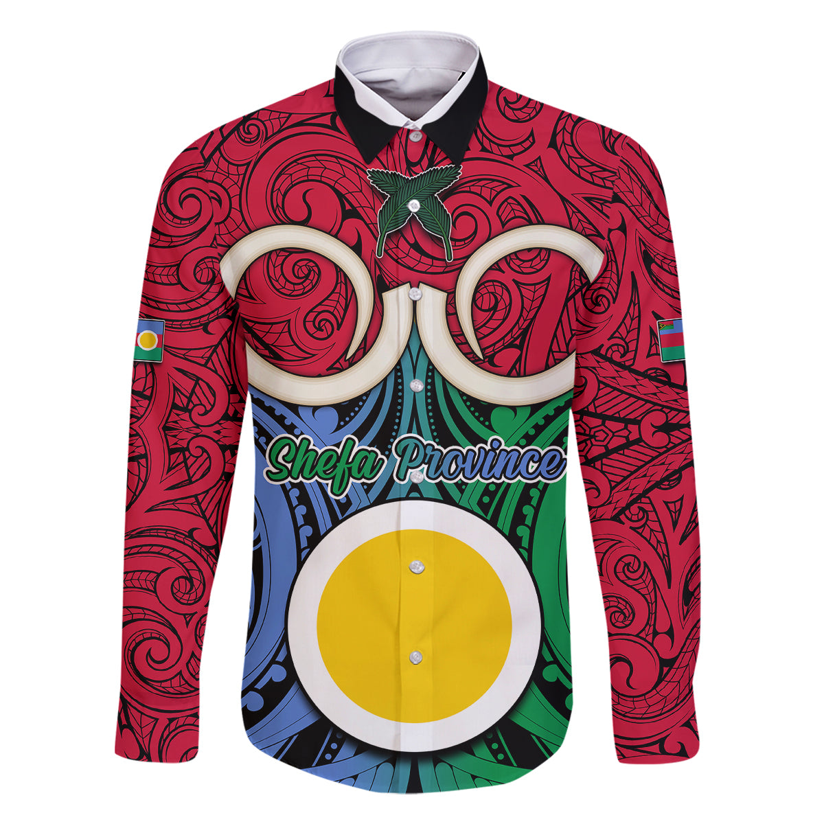 Vanuatu Shefa Province Family Matching Off Shoulder Short Dress and Hawaiian Shirt Pig Tusk Mix Maori Pattern and Namele Leaf LT03 Dad's Shirt - Long Sleeve Red - Polynesian Pride