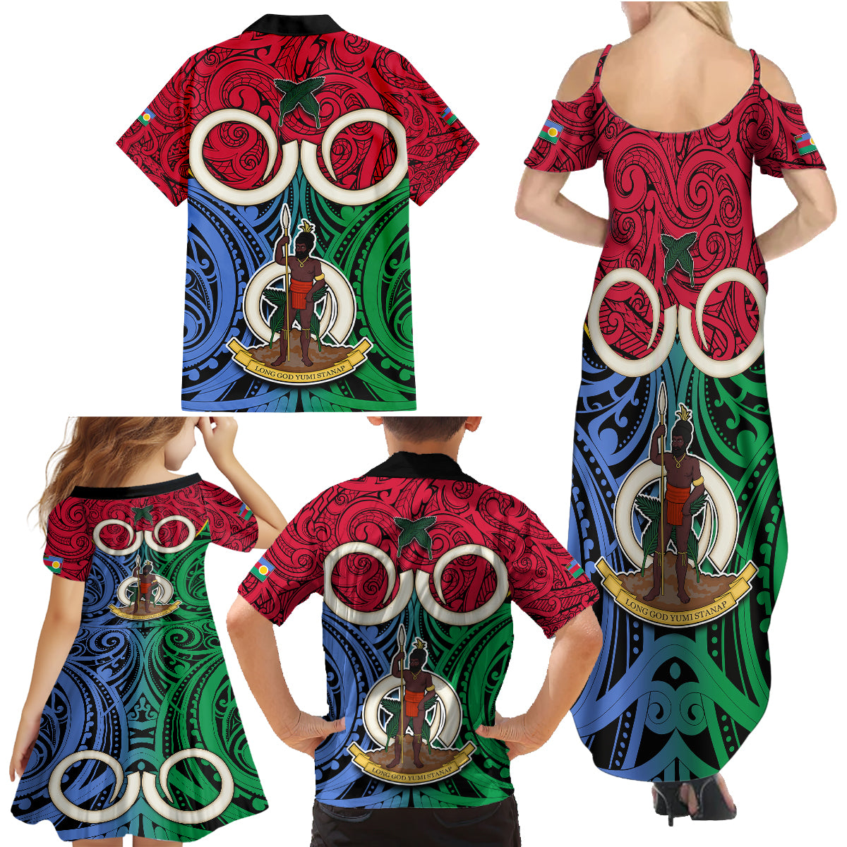 Vanuatu Shefa Province Family Matching Summer Maxi Dress and Hawaiian Shirt Pig Tusk Mix Maori Pattern and Namele Leaf LT03 - Polynesian Pride