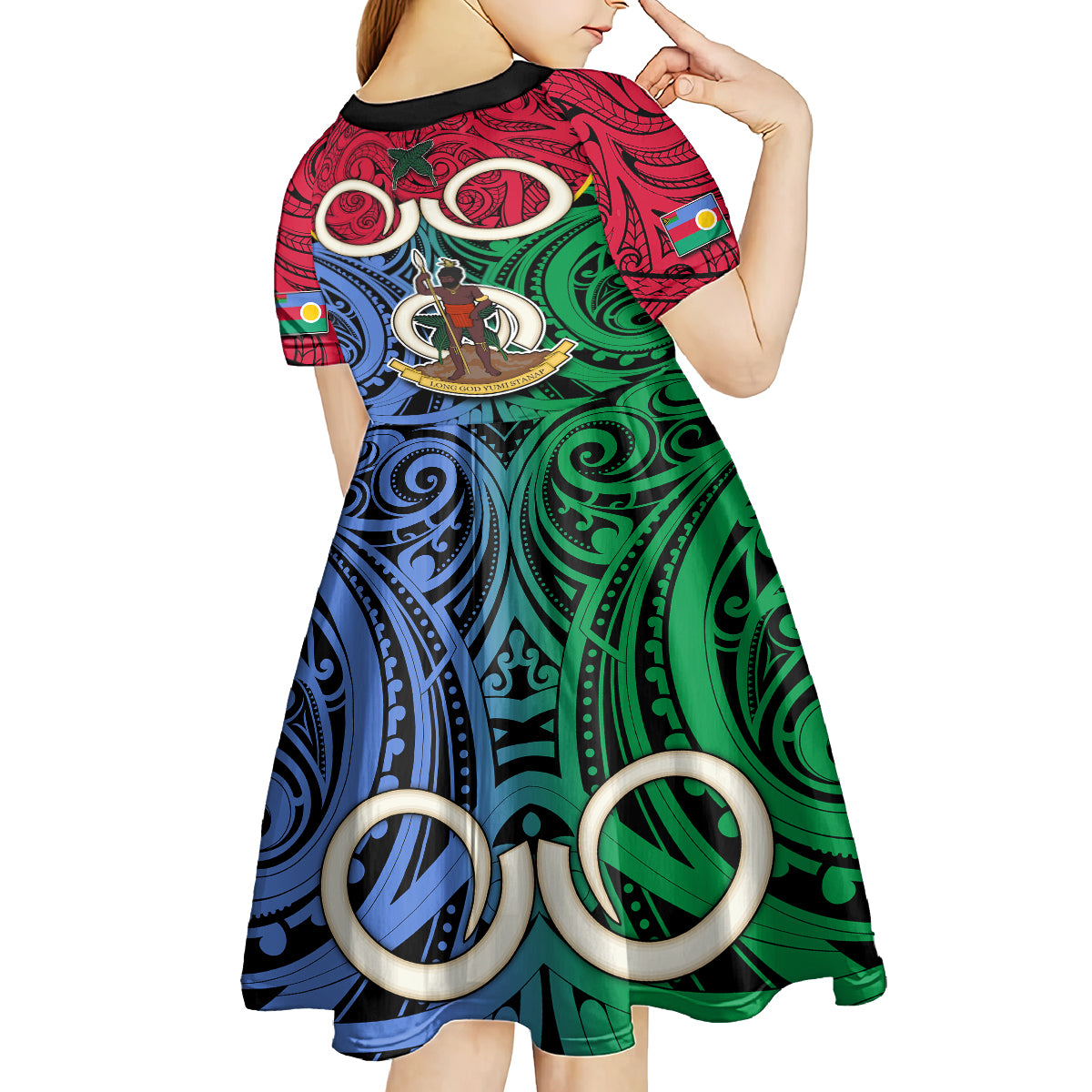 Vanuatu Shefa Province Kid Short Sleeve Dress Pig Tusk Mix Maori Pattern and Namele Leaf LT03 - Polynesian Pride