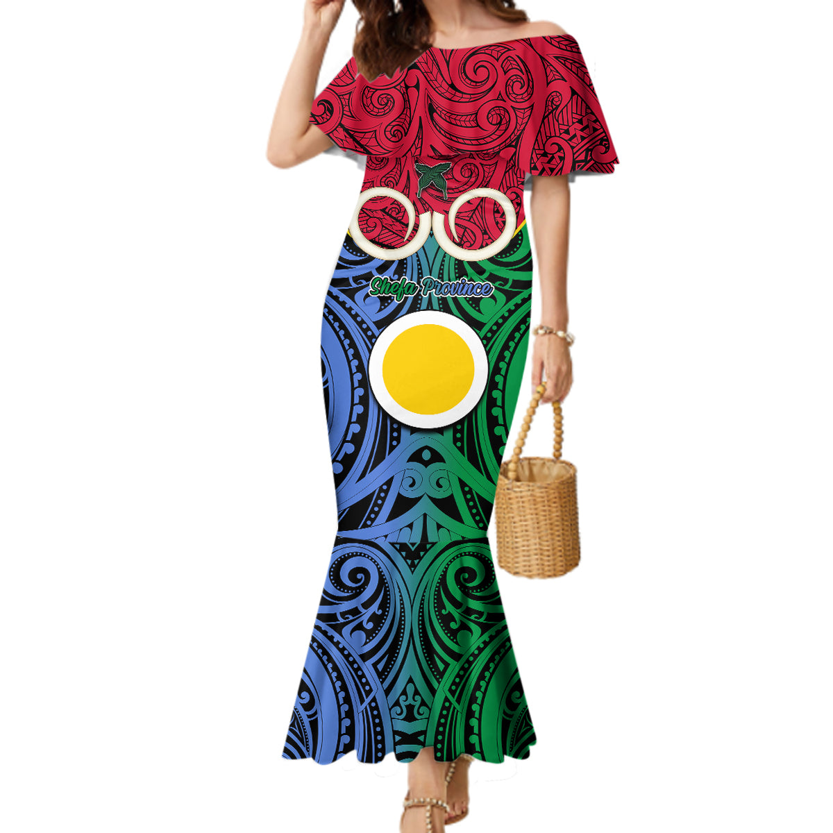 Vanuatu Shefa Province Mermaid Dress Pig Tusk Mix Maori Pattern and Namele Leaf LT03 Women Red - Polynesian Pride