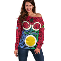 Vanuatu Shefa Province Off Shoulder Sweater Pig Tusk Mix Maori Pattern and Namele Leaf LT03 Women Red - Polynesian Pride