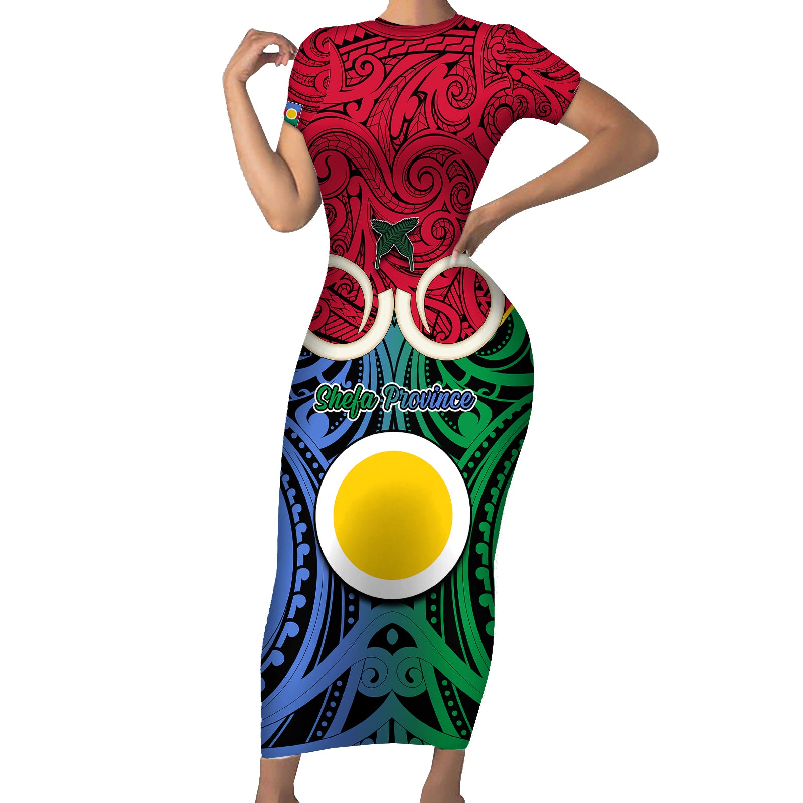 Vanuatu Shefa Province Short Sleeve Bodycon Dress Pig Tusk Mix Maori Pattern and Namele Leaf LT03 Long Dress Red - Polynesian Pride