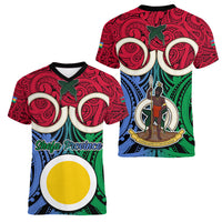 Vanuatu Shefa Province Women V Neck T Shirt Pig Tusk Mix Maori Pattern and Namele Leaf LT03 - Polynesian Pride