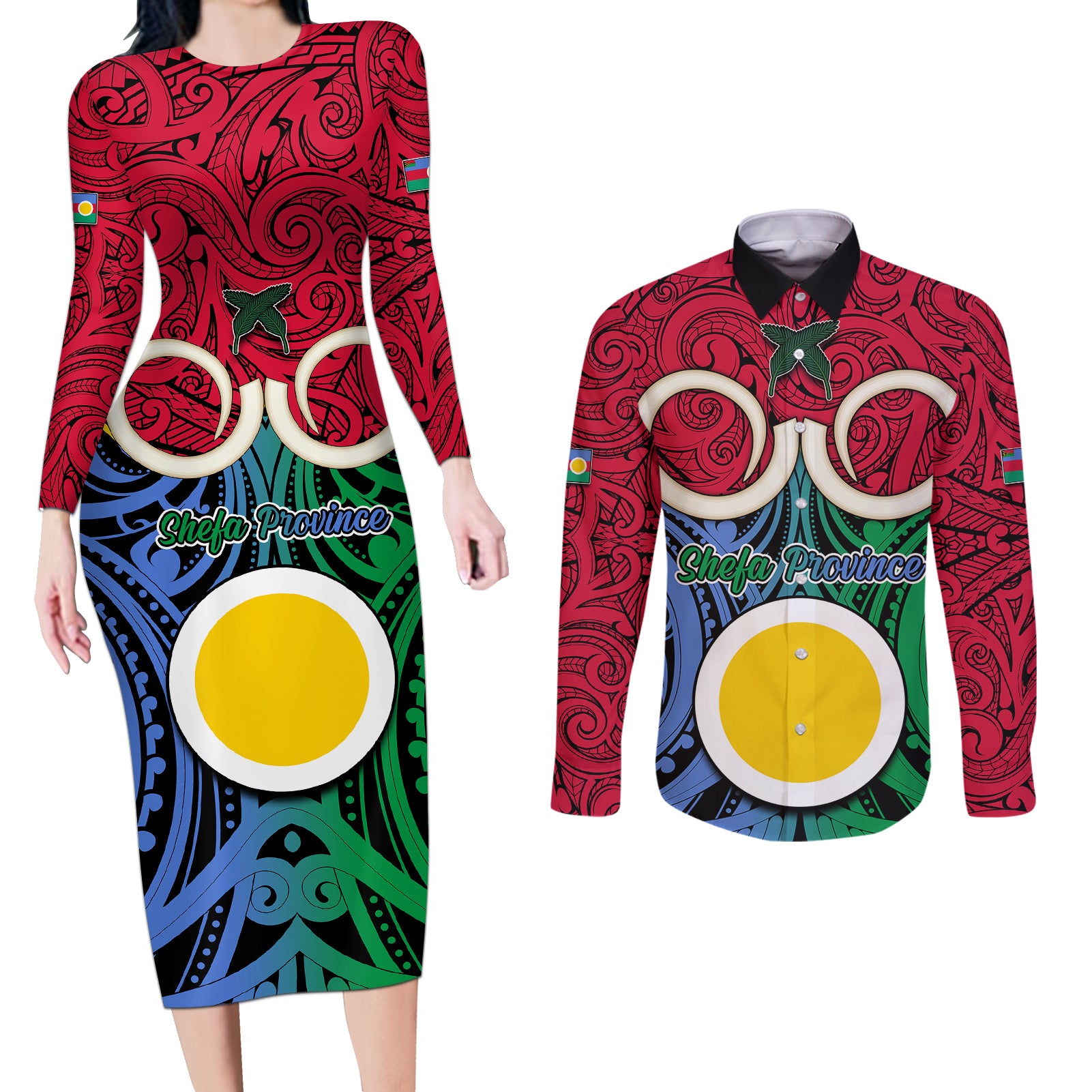 Personalised Vanuatu Shefa Province Couples Matching Long Sleeve Bodycon Dress and Long Sleeve Button Shirts Pig Tusk Mix Maori Pattern and Namele Leaf LT03 Red - Polynesian Pride