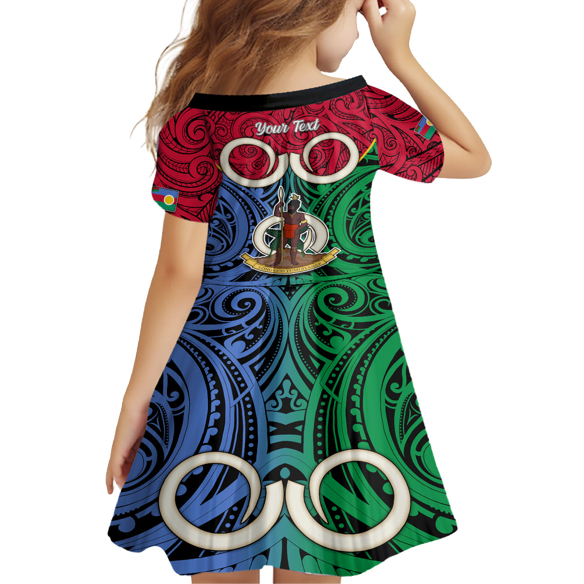 Personalised Vanuatu Shefa Province Kid Short Sleeve Dress Pig Tusk Mix Maori Pattern and Namele Leaf LT03 - Polynesian Pride