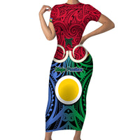 Personalised Vanuatu Shefa Province Short Sleeve Bodycon Dress Pig Tusk Mix Maori Pattern and Namele Leaf LT03 Long Dress Red - Polynesian Pride
