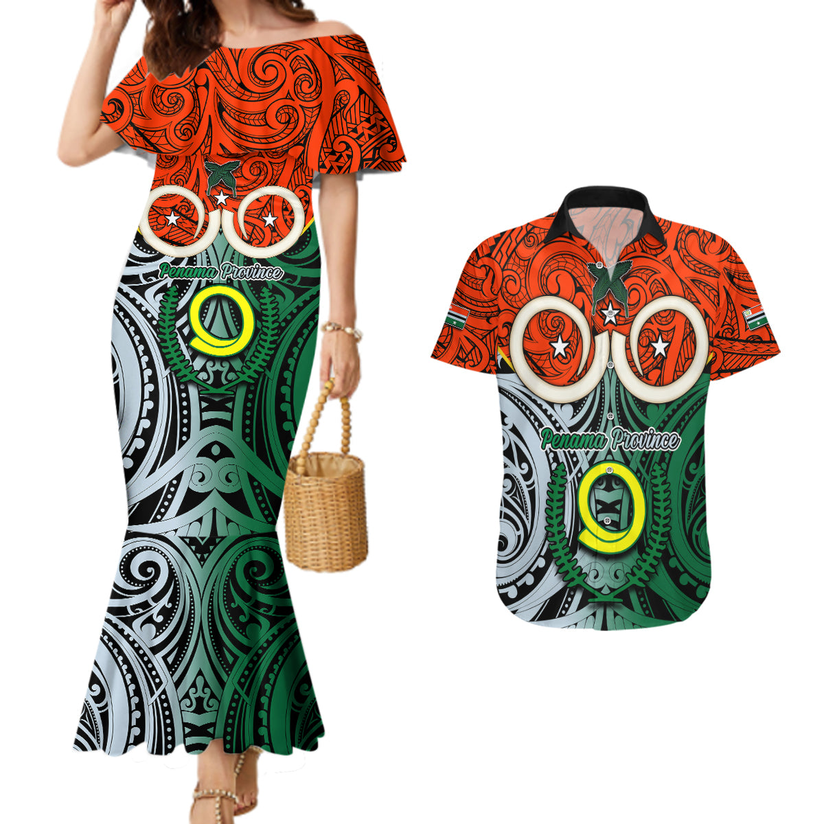 Vanuatu Penama Province Couples Matching Mermaid Dress and Hawaiian Shirt Pig Tusk Mix Maori Pattern and Namele Leaf LT03 Orange - Polynesian Pride